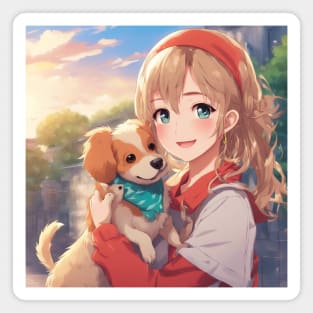 Anime Girl with a cute Dog #002 Magnet